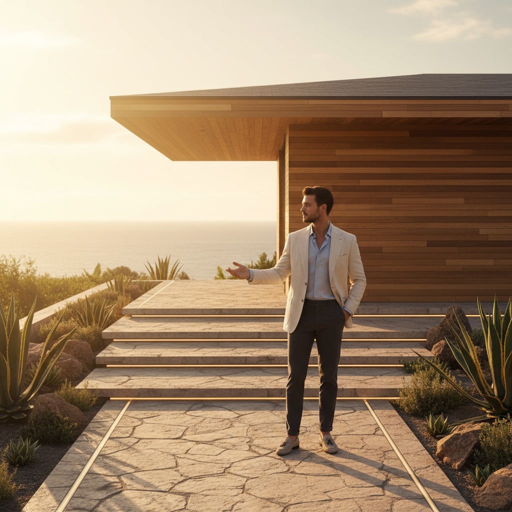 Investidor posando ao lado de sua nova casa.