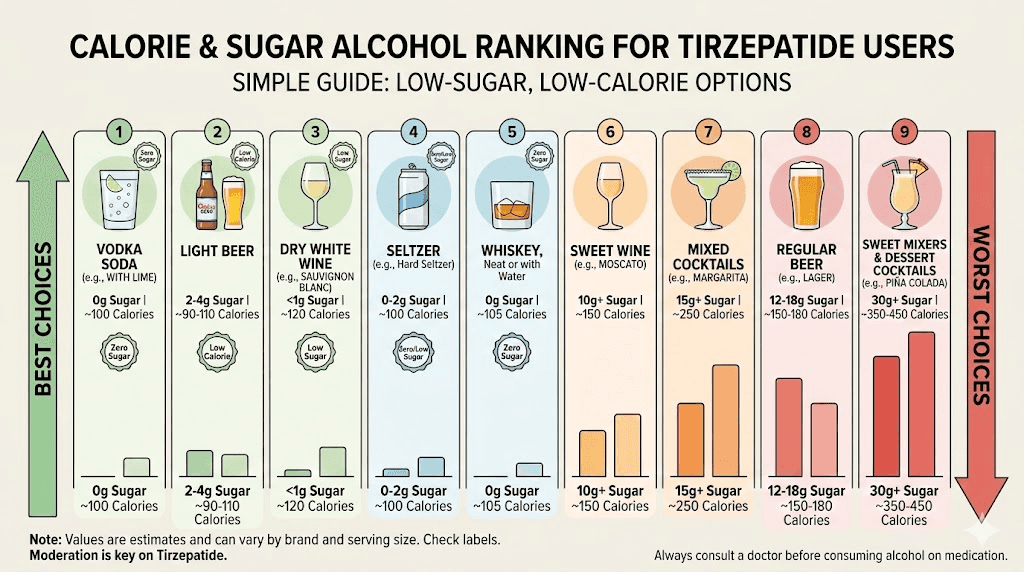 Best and worst alcoholic drinks on tirzepatide calorie and sugar comparison chart