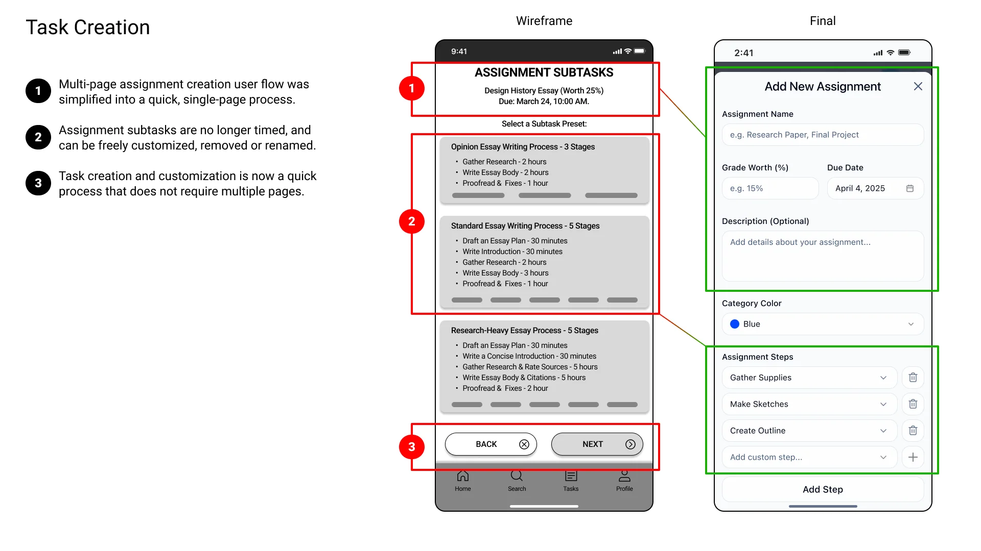 Image showing the improvements to Task Creation screens of the app. From wireframe to final version.