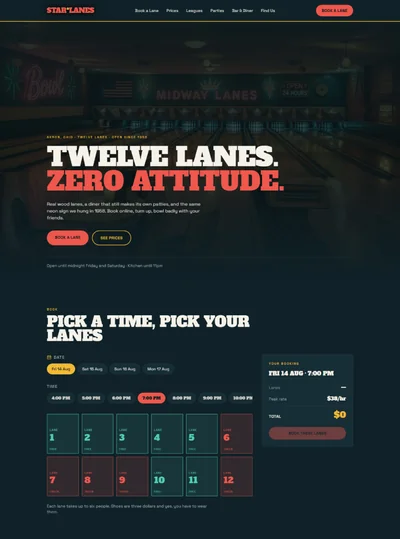 Bowling centre website template preview with lane booking grid and party packages