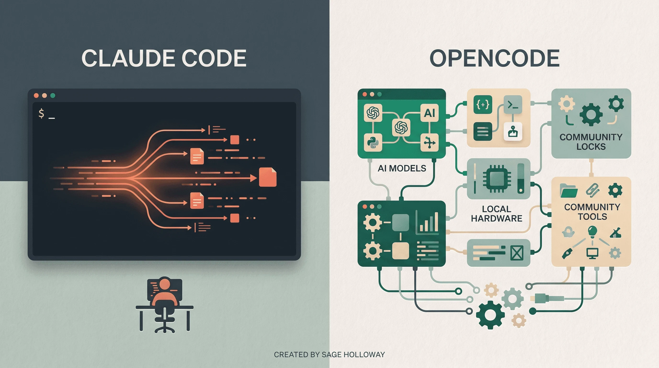 Editorial illustration comparing Claude Code managed terminal agent with OpenCode open source multi-model CLI