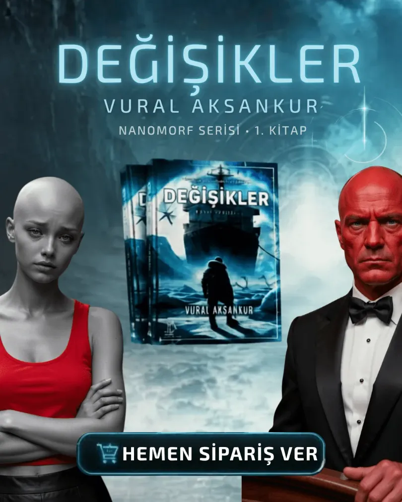 Nanomorf 1 Değişikler dikey banner reklamı: Yeni çıkan yerli biyopunk romanı için 4:5 oranında tanıtım görseli