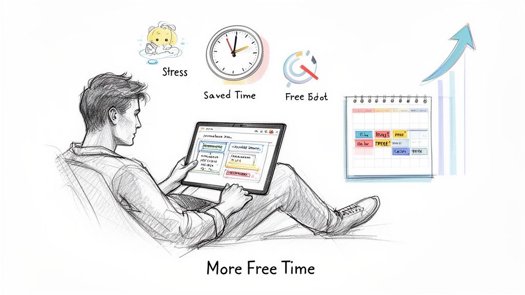 Man uses a laptop to manage tasks, reducing stress and gaining more free time.