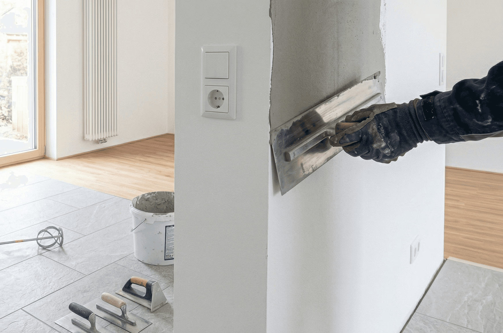 hand spachtelt eine wand
