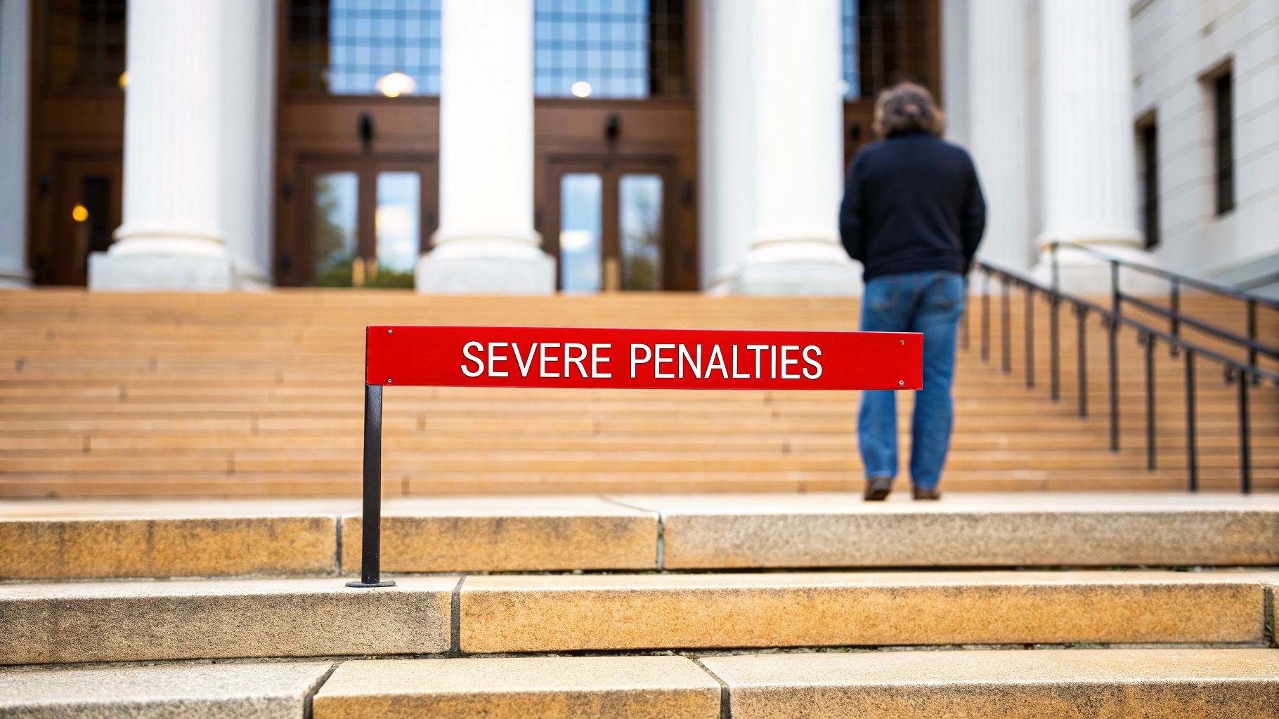 A red sign warns of 'SEVERE PENALTIES' on the steps leading to a courthouse with a person walking away.