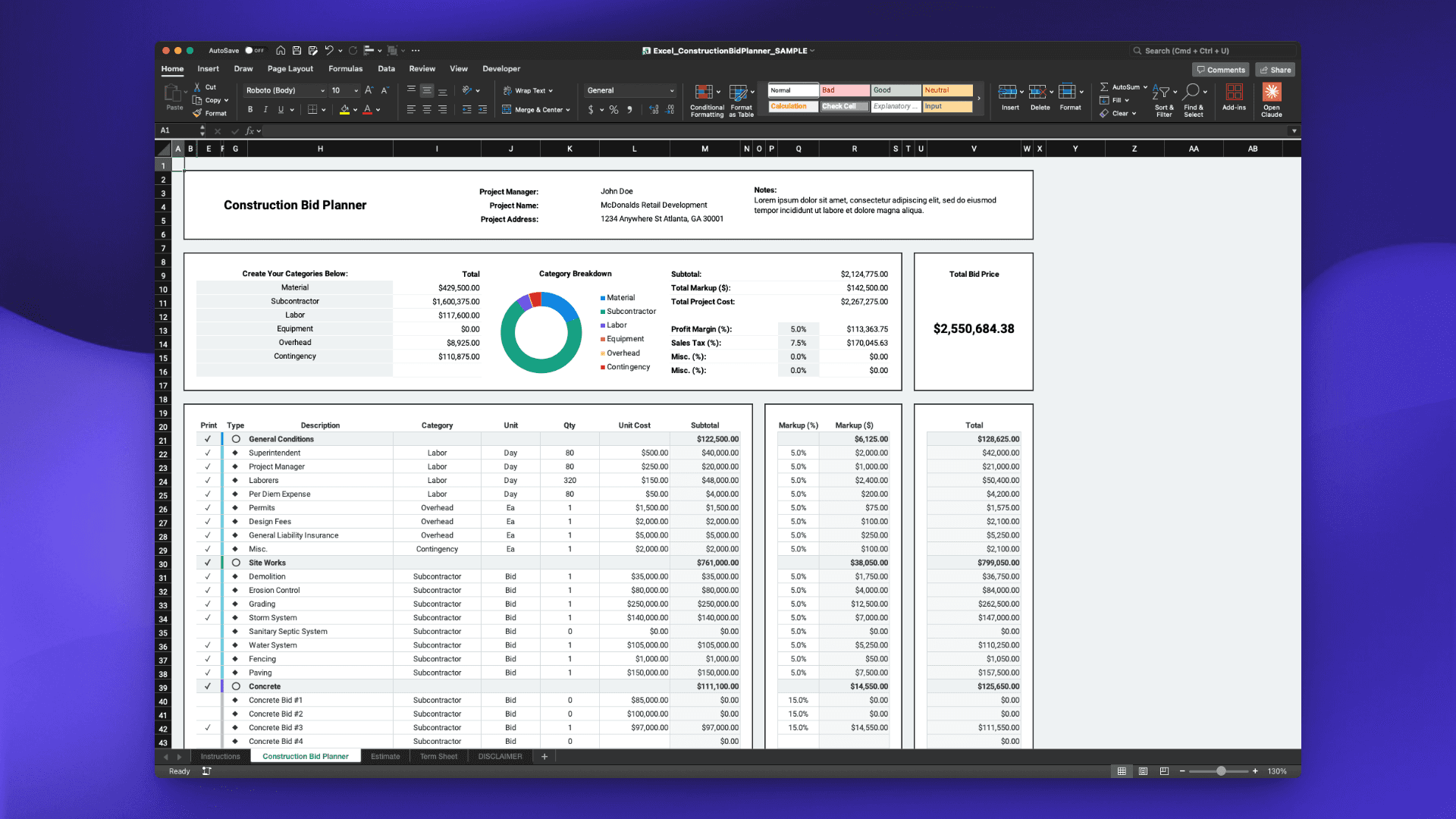 Screenshot of the Excel Construction Bid Planner showing the working sheet with category headers, line items, markup columns, and a total bid price of $2,550,684.38