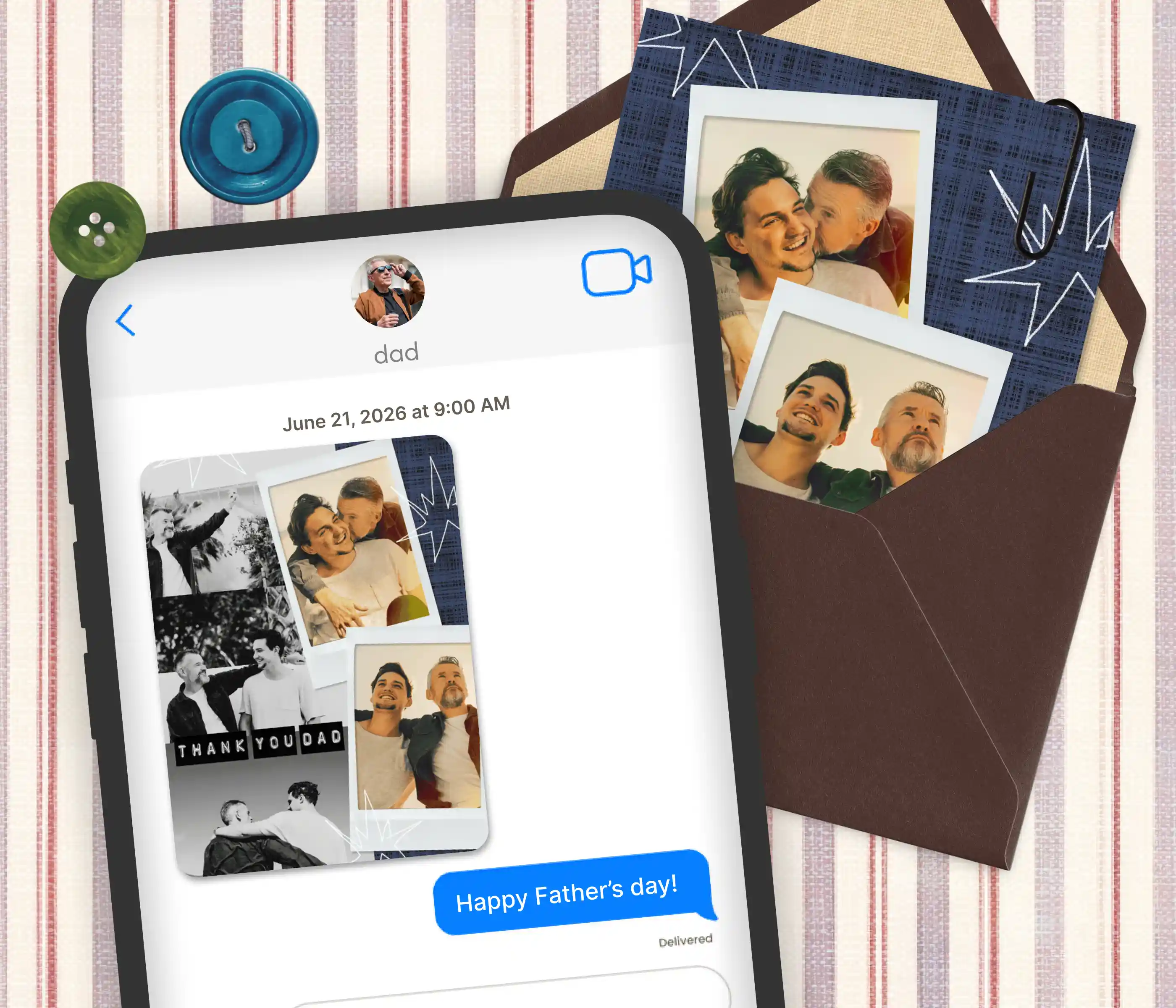 Father's Day card on a phone messaging screen beside a brown envelope holding a printed copy of the same Polaroid collage.