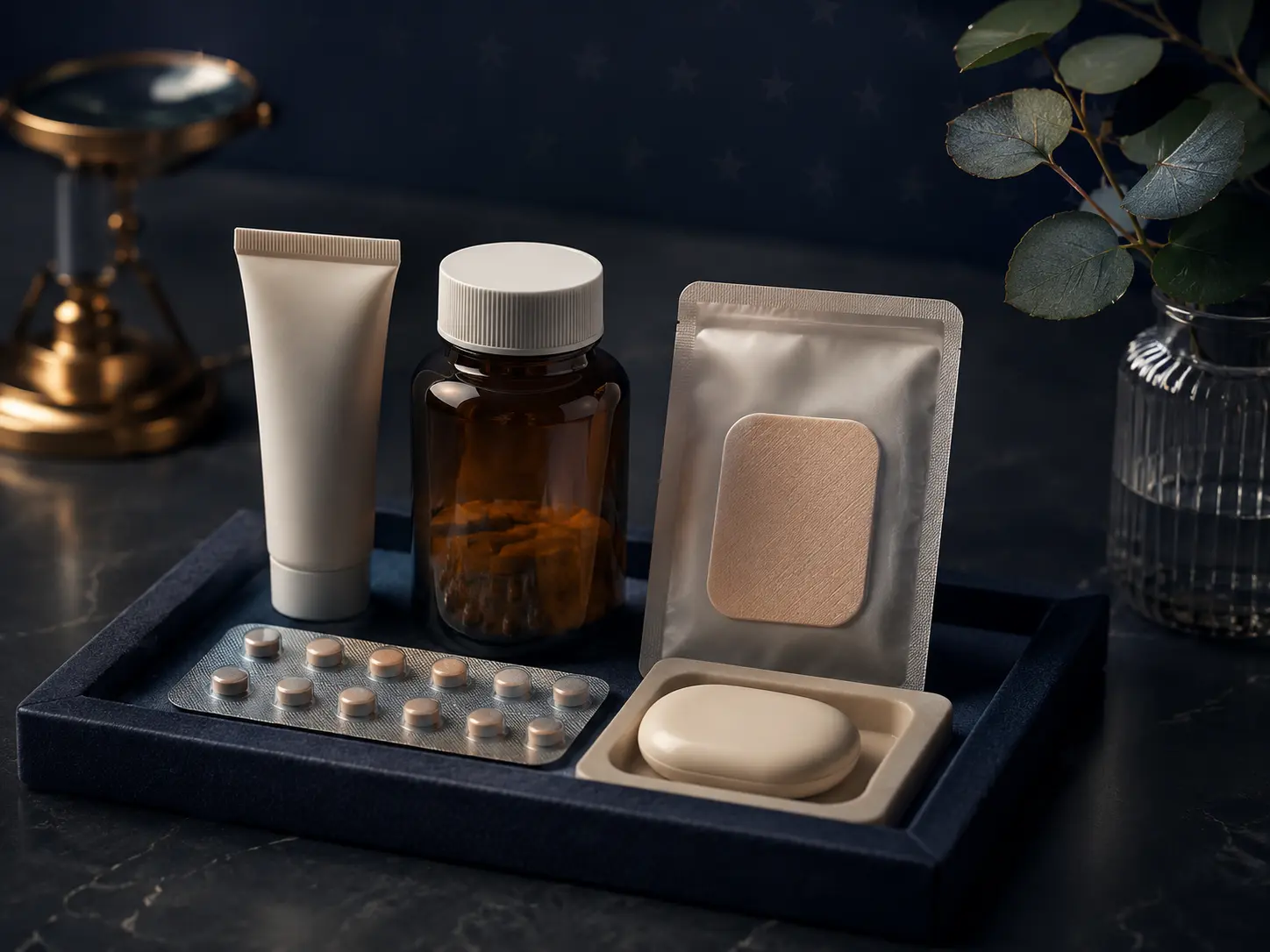 Amber bottle, tube, sachet and blister pack of pills on a dark tray