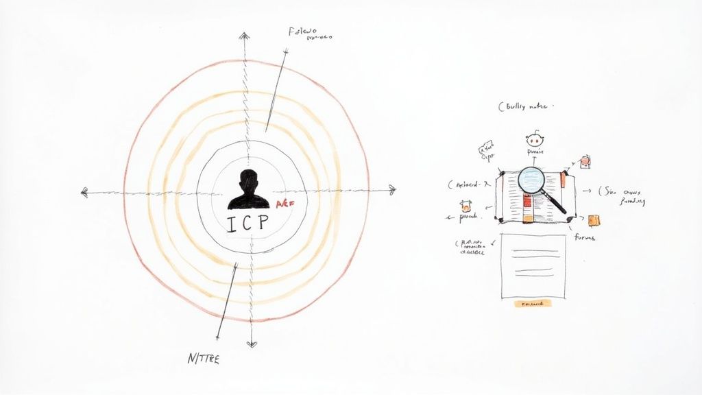 Ideal customer profile diagram showing concentric circles with ICP center and buyer persona notes