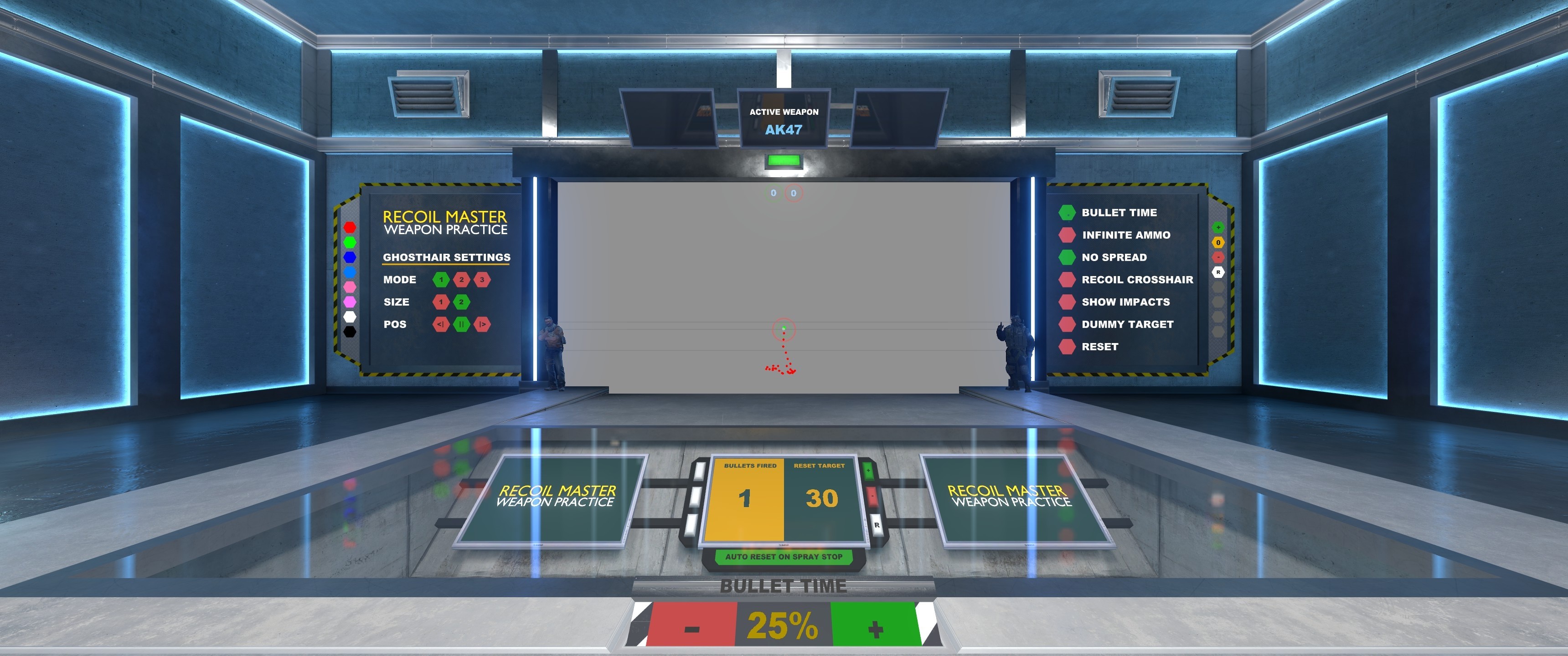 Recoil Master spray training map in CS2 showing the AK-47 recoil pattern on the wall