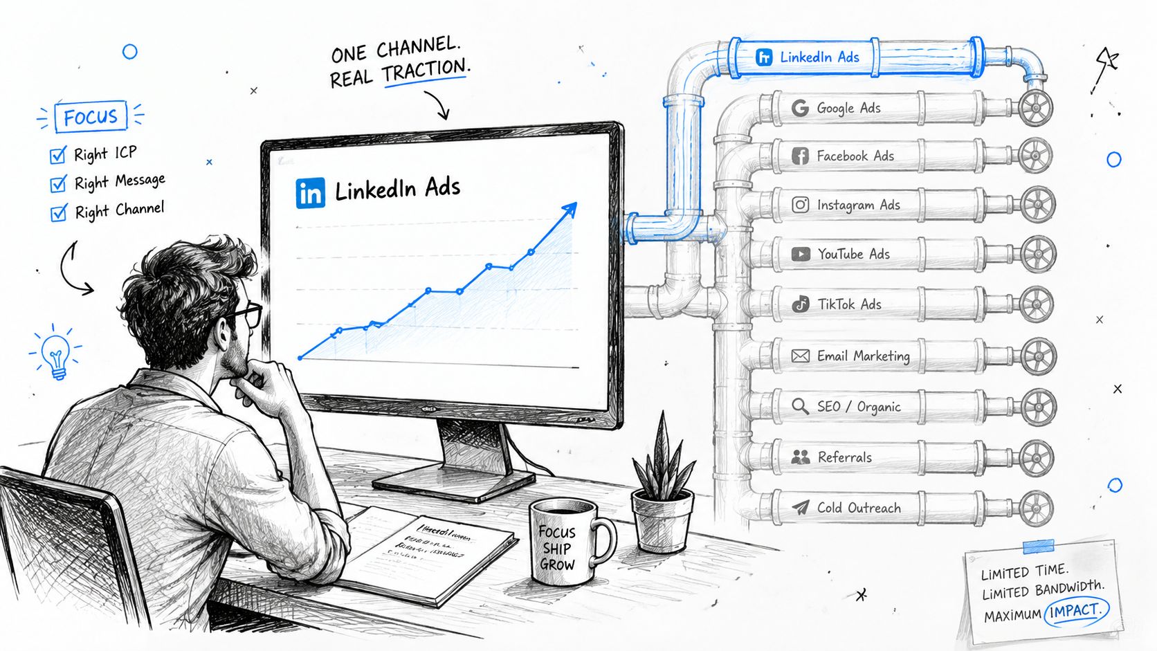 A professional illustration showing a person focused on LinkedIn Ads, disregarding multiple other marketing channel alternatives.