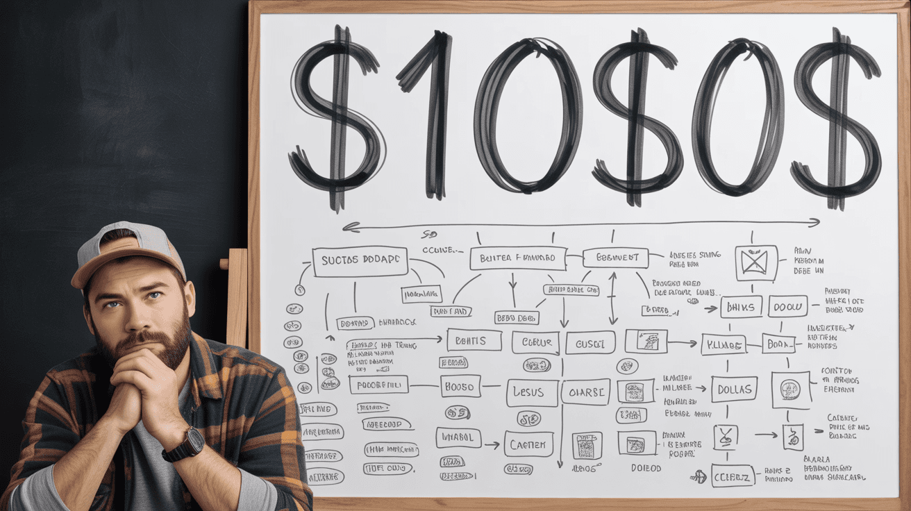 Alex Hormozi-style first 100K thumbnail with thoughtful pose and dense whiteboard framework