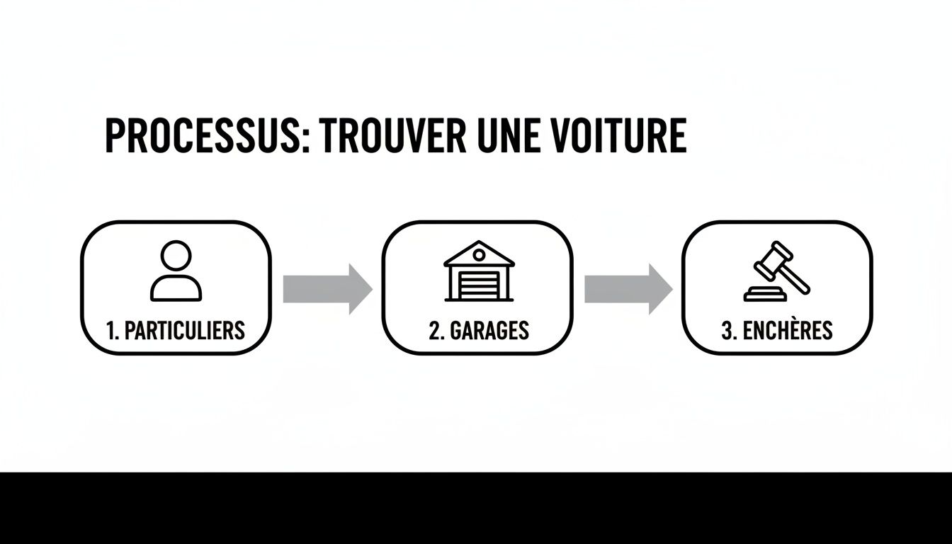 Infographie du processus pour acheter une voiture d'occasion: particuliers, garages, enchères.