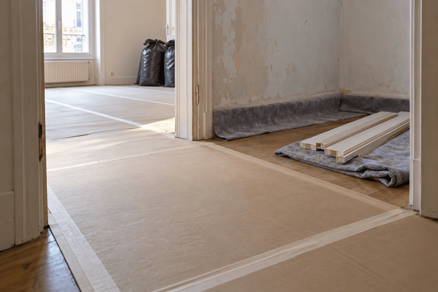 Un sol et un passage de porte sont protégés dans une pièce préparée pour des travaux de rénovation.