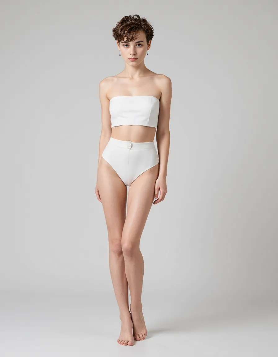 Minimalist fashion photography featuring a white two-piece ensemble with bandeau top and high-waisted bottoms against a neutral gray background