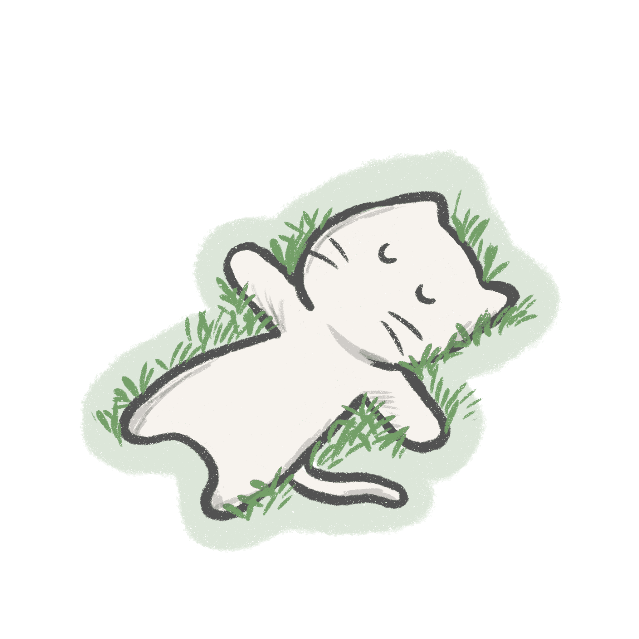 An illustration of a white cat lying on its back in the grass, eyes closed, paws spread out.