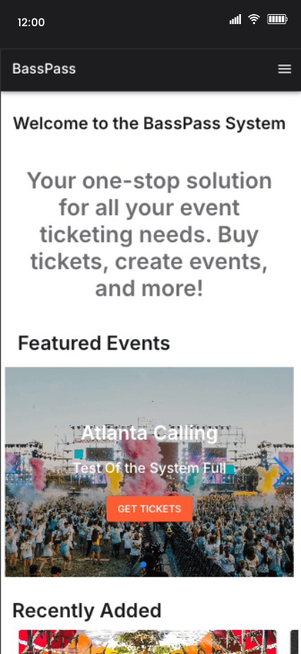 BassPass mobile app showing the homepage for purchasing and showing real-time ticket availability for EDM festivals and raves