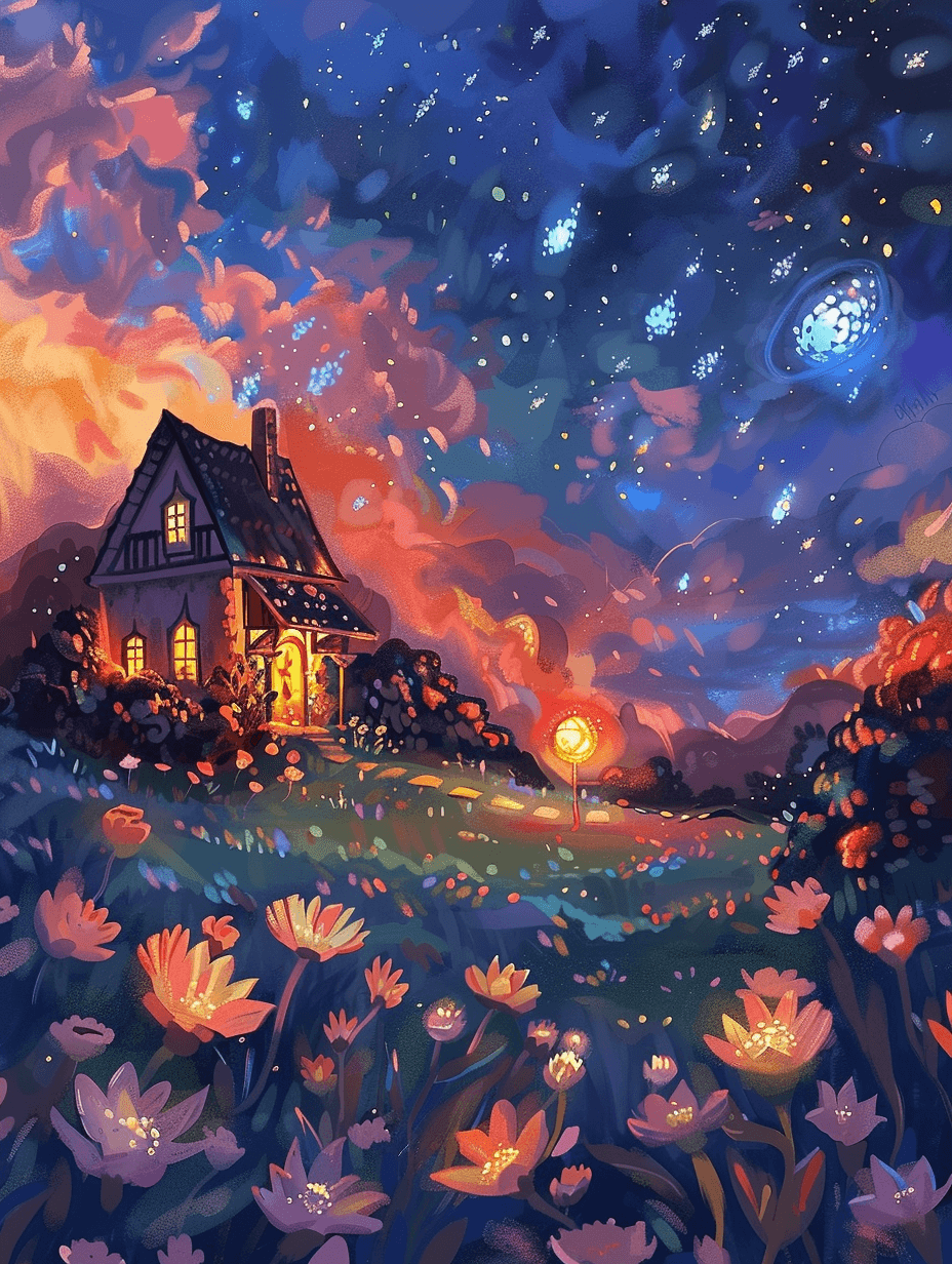 a fairy tale house in an extraterrestrial garden with alien plants, glowing flowers, and strange, ethereal creatures floating around, set complying in the backdrop of a colorful nebula.