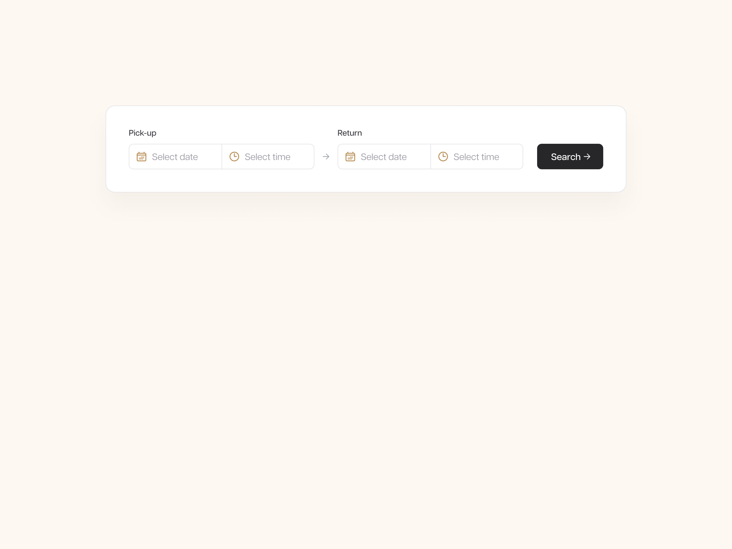 Rental car booking form that includes inputs for pick-up date and time, and return date and time, with dropdowns for selecting values