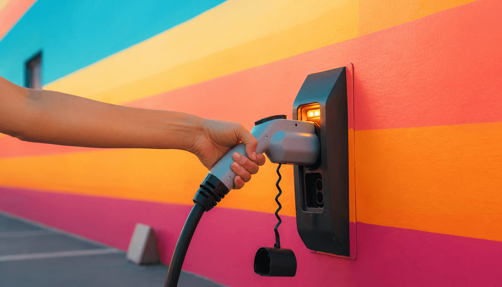 mais qui tient un cable de recharge à sa borne devant fond coloré