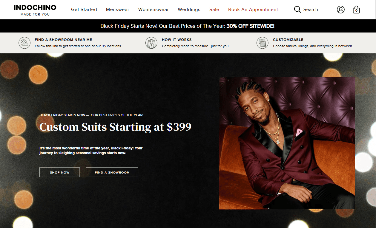 Indochino website promoting local showroom visits with a Black Friday suit offer.