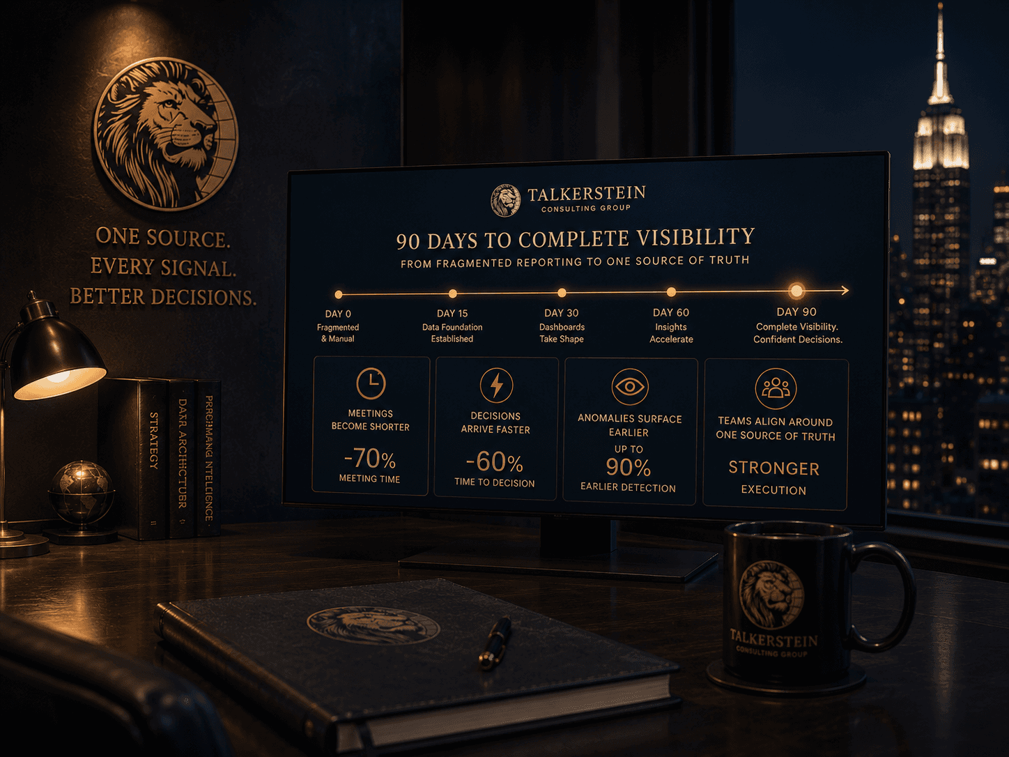 A digital display on a dark wood desk outlining Talkerstein Consulting Group's '90 Days to Complete Visibility' roadmap. The timeline progresses from Day 0 (Fragmented & Manual) to Day 90 (Complete Visibility). Below, metrics highlight achievements: -70% meeting time, -60% time to decision, and up to 90% earlier anomaly detection.
