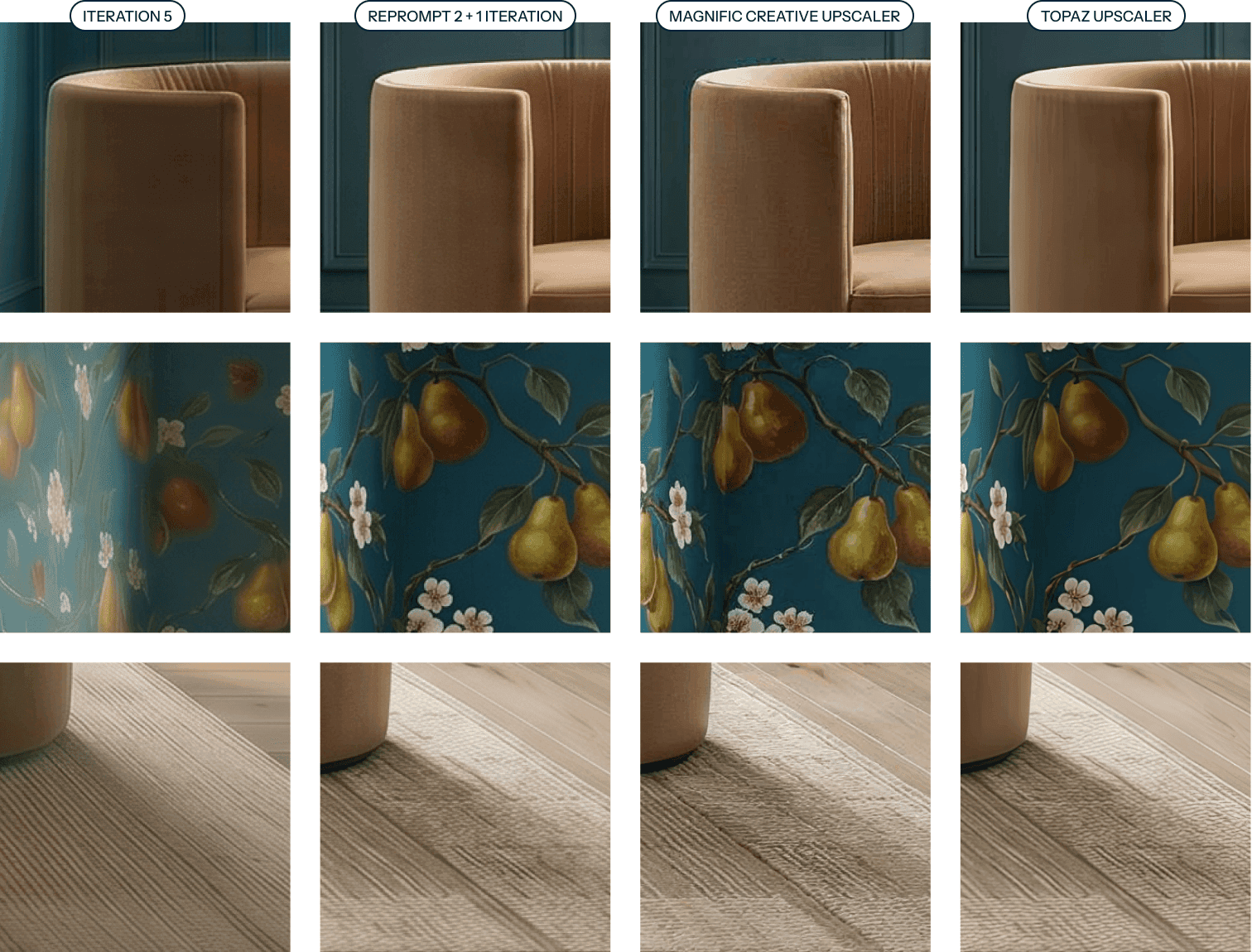 Three-way comparison of the degraded iteration, the reprompted render, and the reprompted-plus-upscaled render