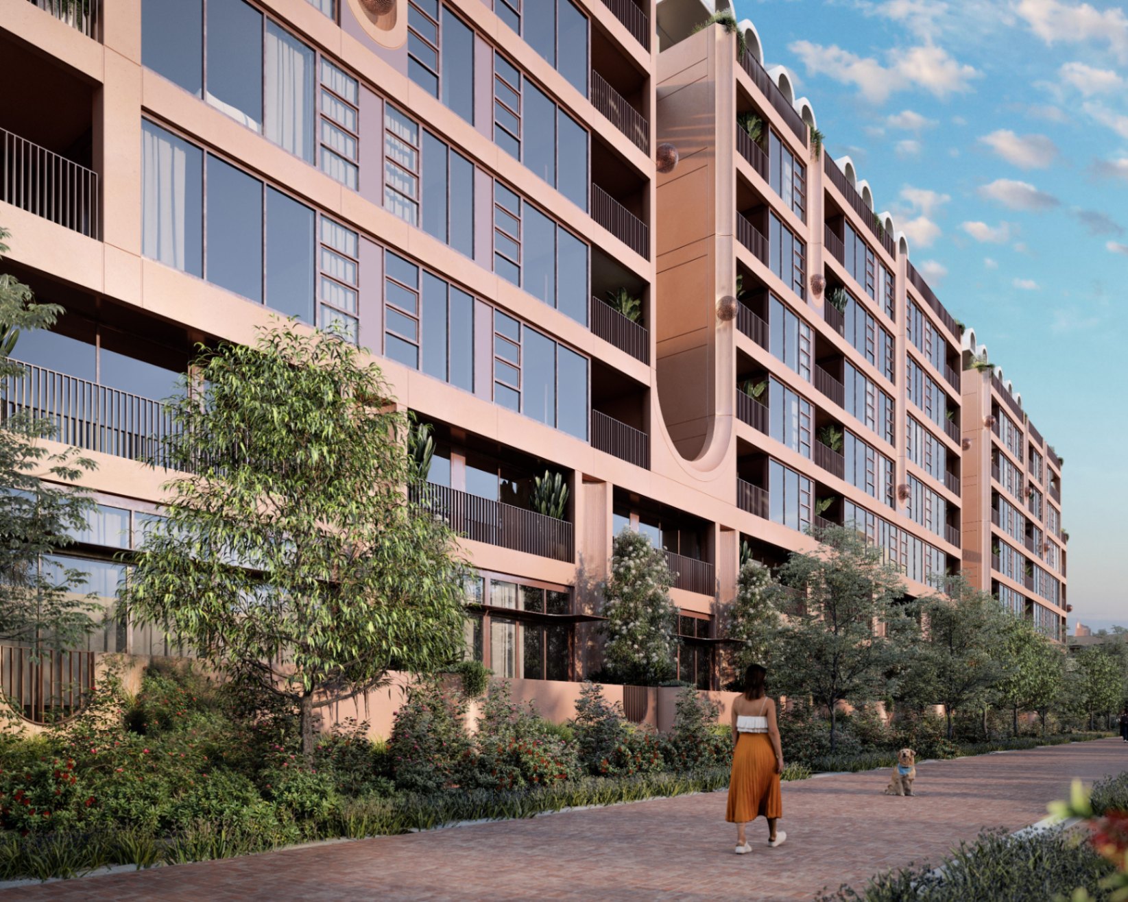 Street-level view of Lillian Erskineville apartments with landscaped walkways and contemporary facade design