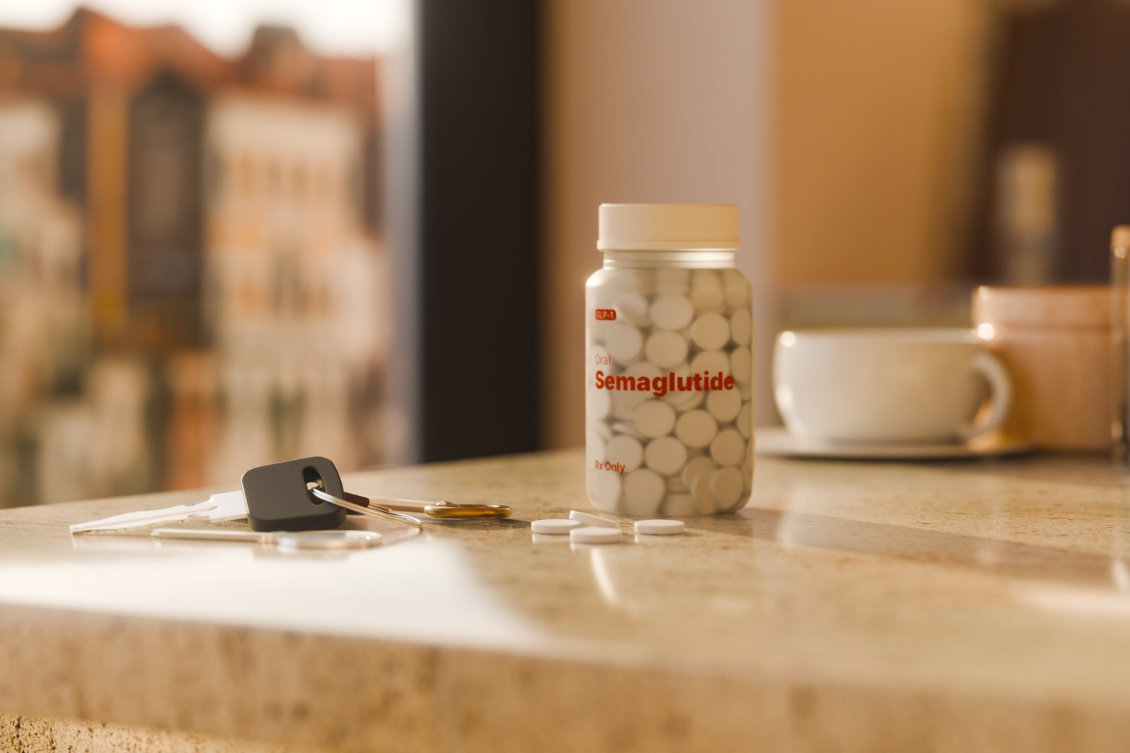 A bottle of SeshDx semaglutide tablets on a kitchen counter beside a coffee cup and keys.