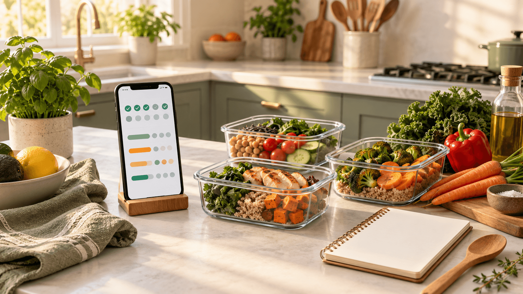 Phone with an abstract meal prep habit tracker beside vegetables, storage containers, a grocery list, and wooden utensils