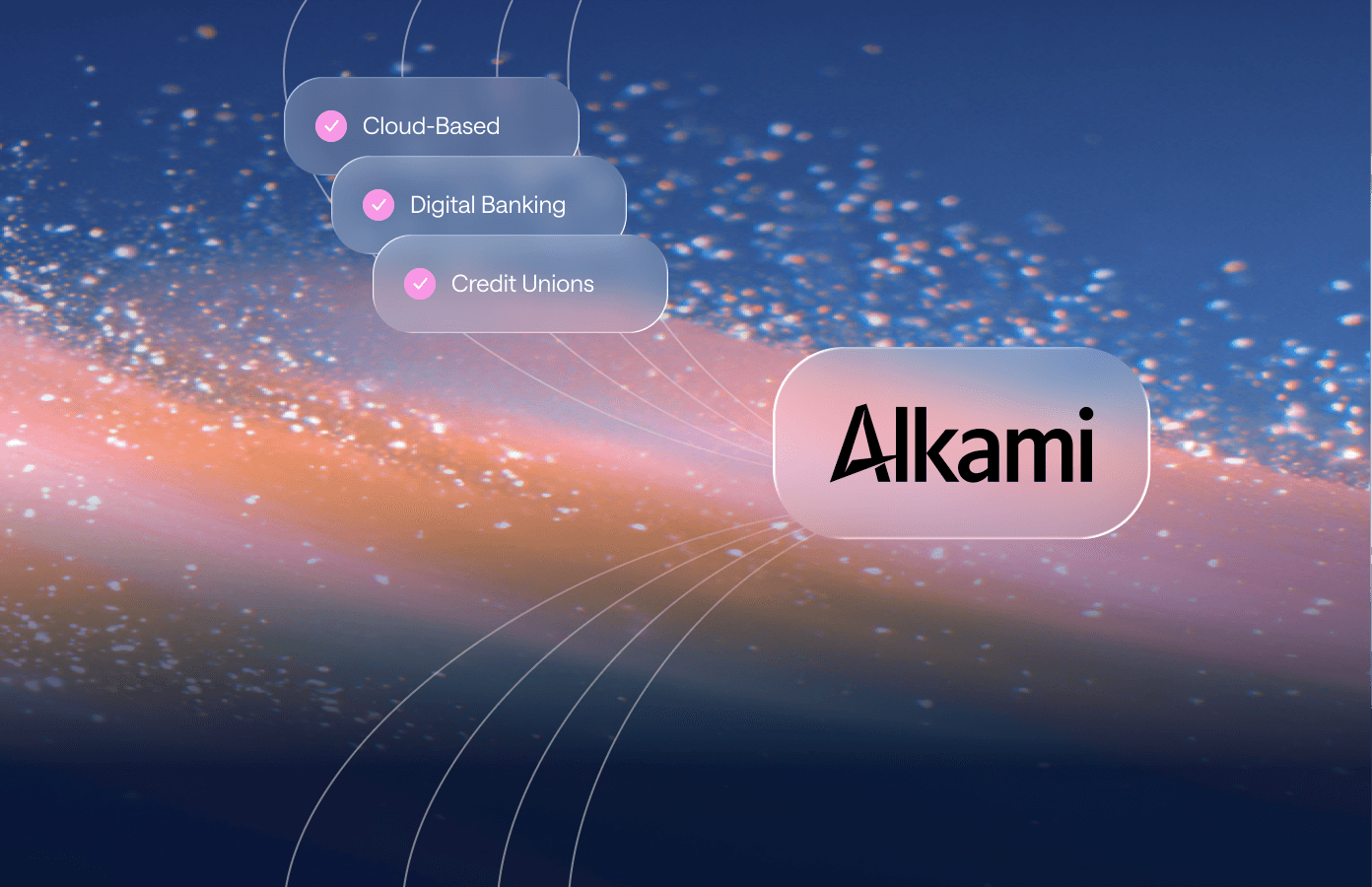 Abstract hero image showing a dynamic wave of orange and blue particles on a gradient background.