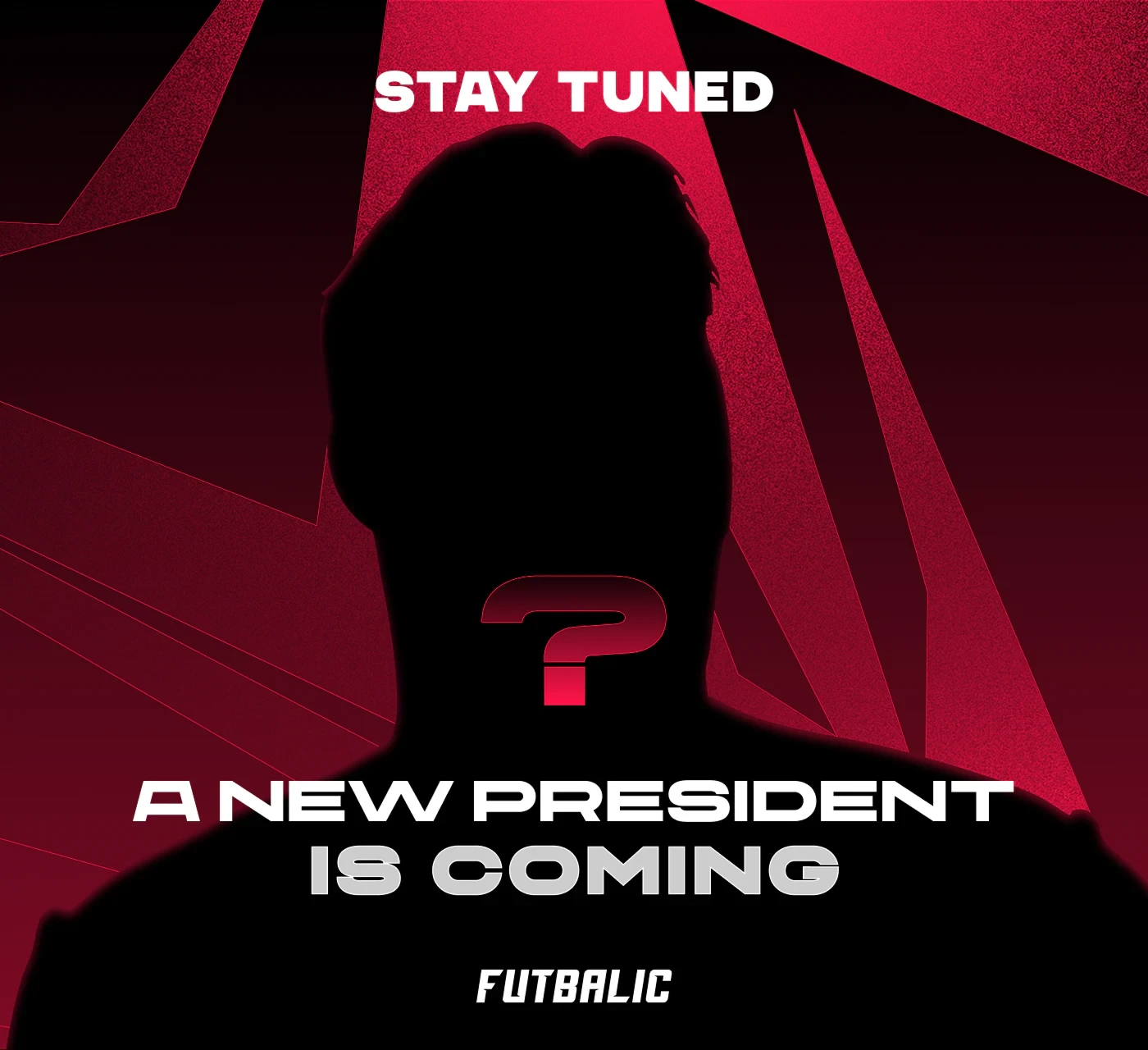 Futbalic social media teaser visual with player silhouette on red and black background.