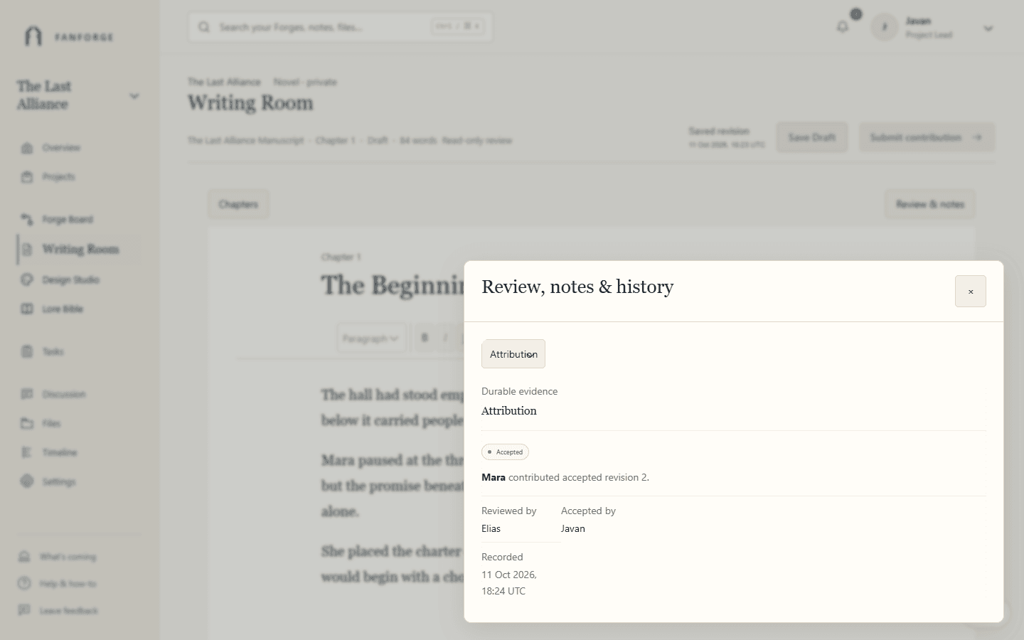 Recorded attribution: Mara contributed, Elias reviewed, Javan accepted