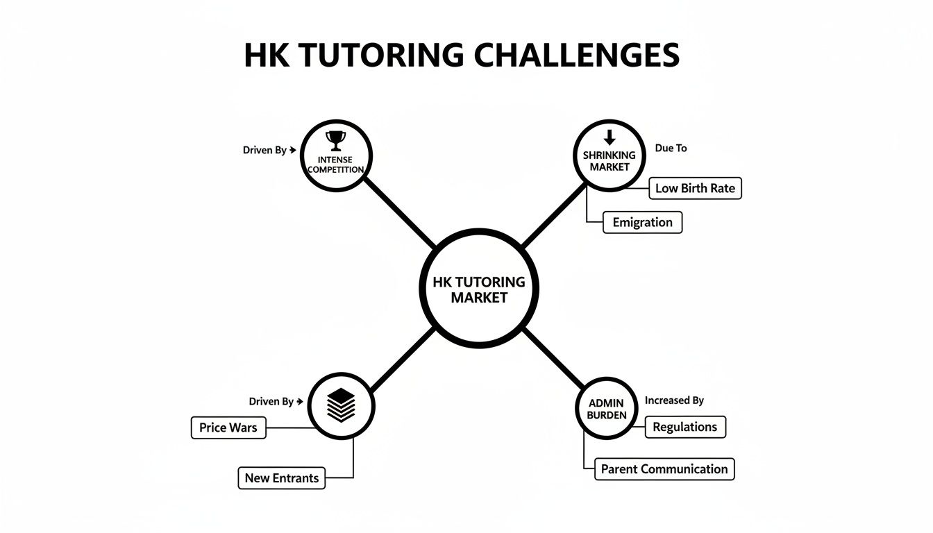 Mind map illustrating Hong Kong tutoring market challenges, including intense competition, shrinking market, and administrative burden.