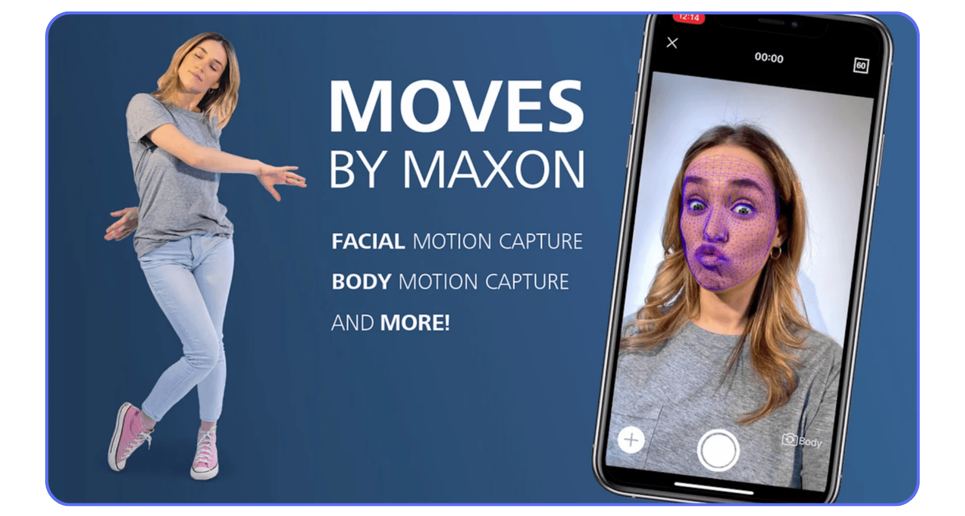 Promotional image for “Moves by Maxon,” showing a woman posing beside a phone screen that captures facial motion with a tracking mesh overlay.