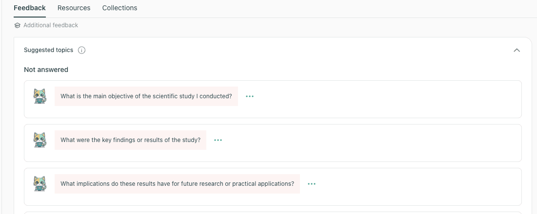 Screenshot of thesify suggested topics showing unanswered prompts about study objective, key findings, and implications.