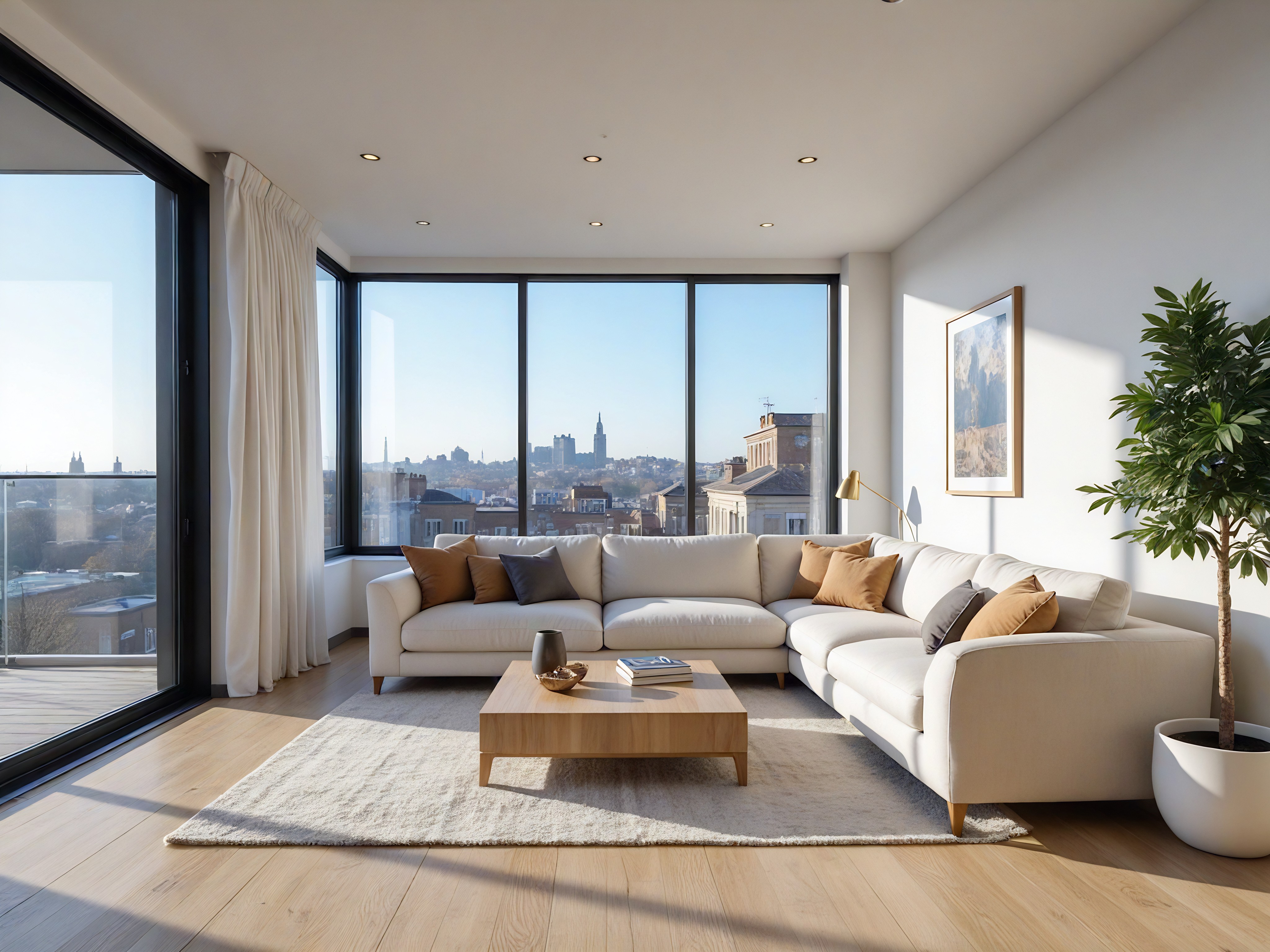 A spacious dining room with off-white marble-patterned flooring, off-white walls with light grey raised panels, and a high ceiling with two skylights and a decorative frieze. The centerpiece is a white square marble table with ten dining chairs, some of which are beige. In the center of the table is a decorative dark green-colored vase with a planted small bush. In the far corner to the left is a tall dark green potted plant. Above the limestone fireplace in the far right corner is a textured grey square artwork.