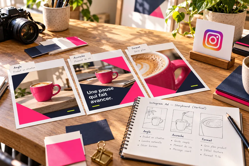Recherche d’angles créatifs Instagram avec accroches et storyboard de vidéo verticale.