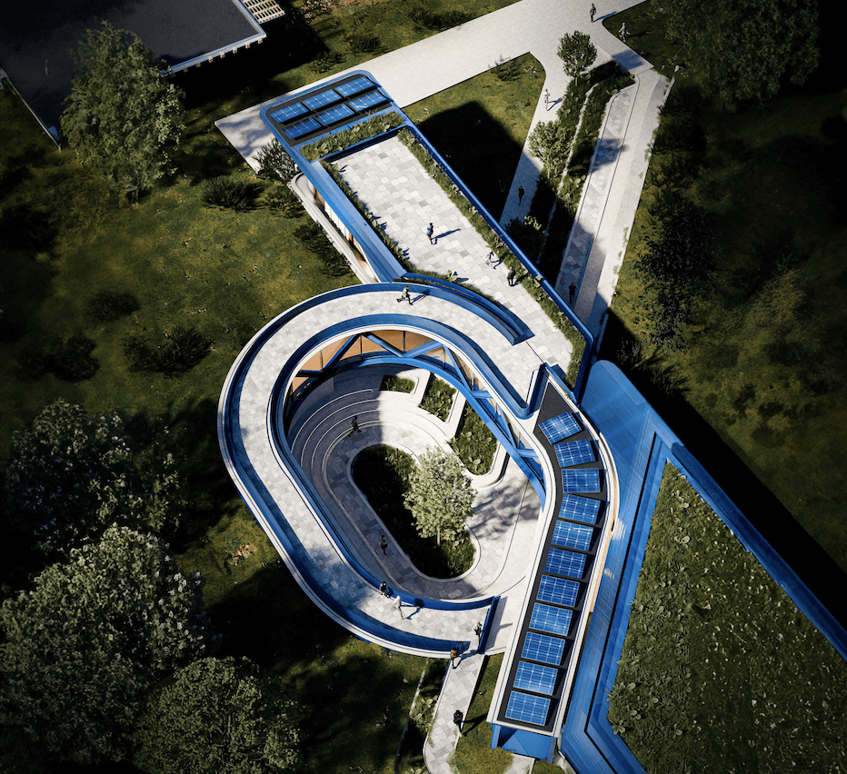 Aerial render of mechology educational center