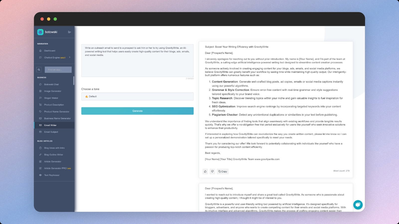 A screenshot of Botowski's email writer tool with options to choose tone and generate a professional outreach email.