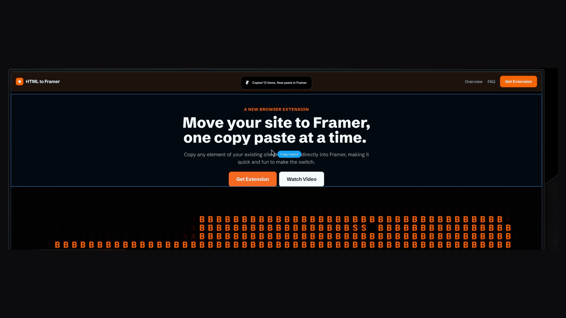 Dark-themed user interface displaying the 'HTML to Framer' extension page with options to 'Get Extension' or 'Watch Video', emphasizing the ease of integrating web content into Framer