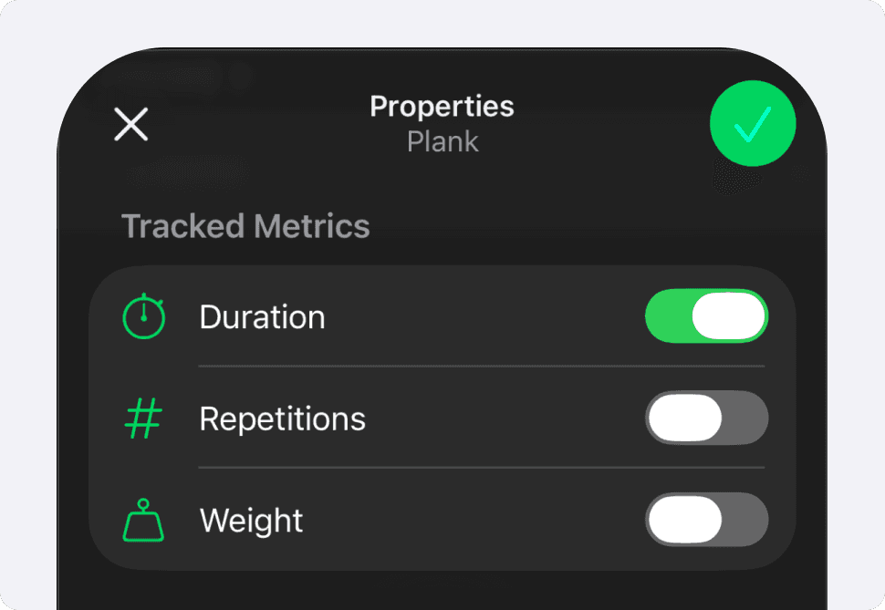Screenshot of Setgraph’s Exercise Properties screen showing customizable tracked metrics for an exercise.