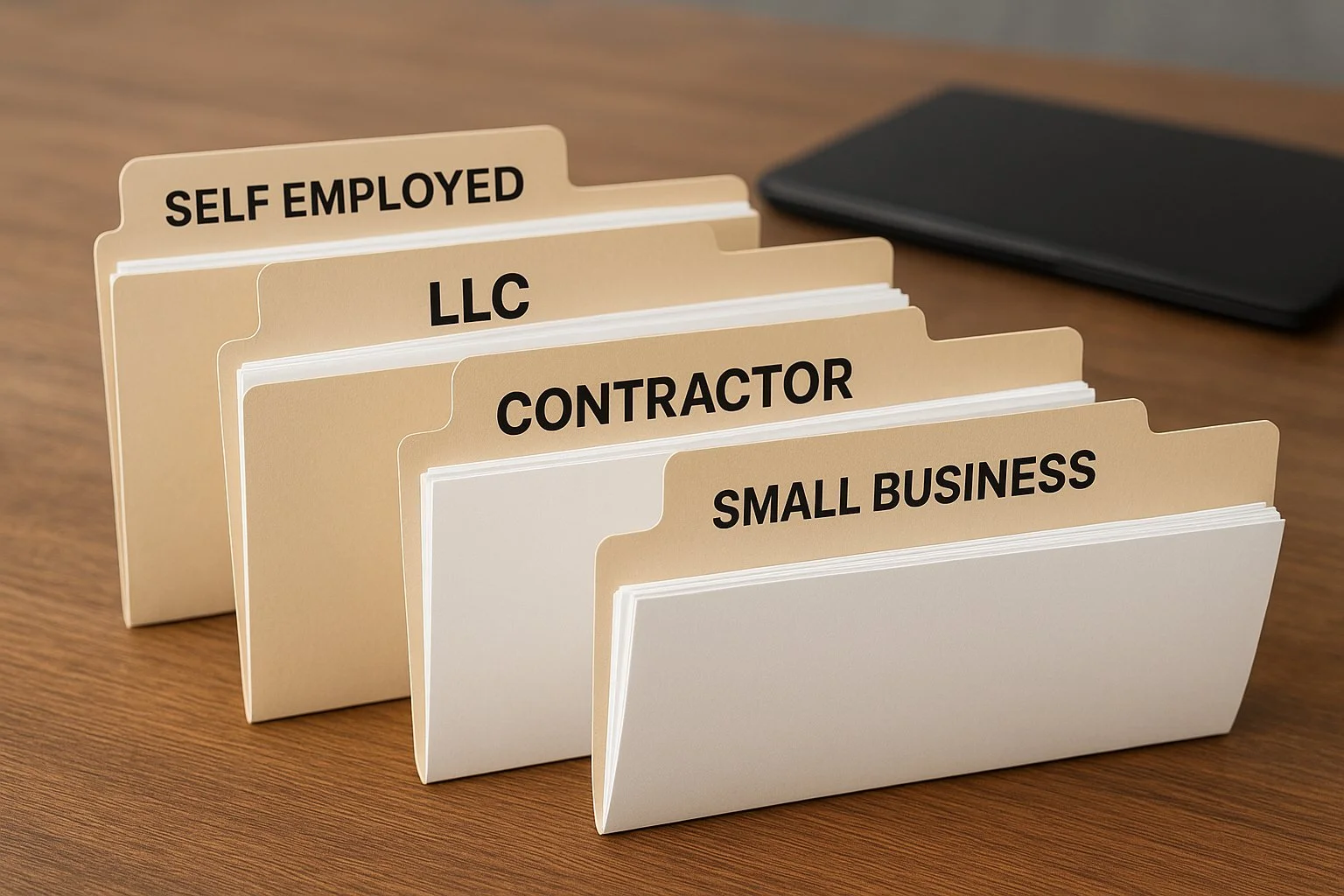 Desk with folders labeled “Self Employed,” “LLC,” “Contractor,” and “Small Business,” each slightly open with blank papers, illustrating different business qualification types.