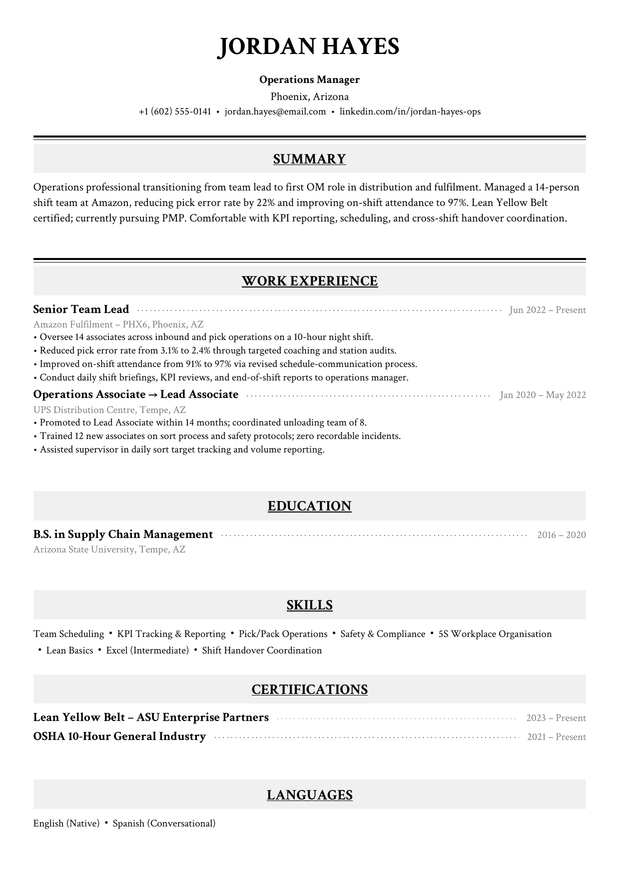 Entry-level operations manager resume example