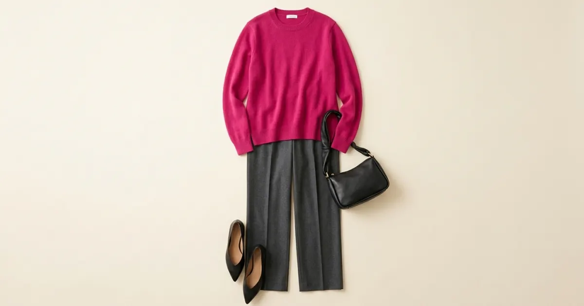 Fuchsia wool jumper laid flat with charcoal grey wide-leg trousers, black pointed flats and a small black leather shoulder bag on a warm ivory background