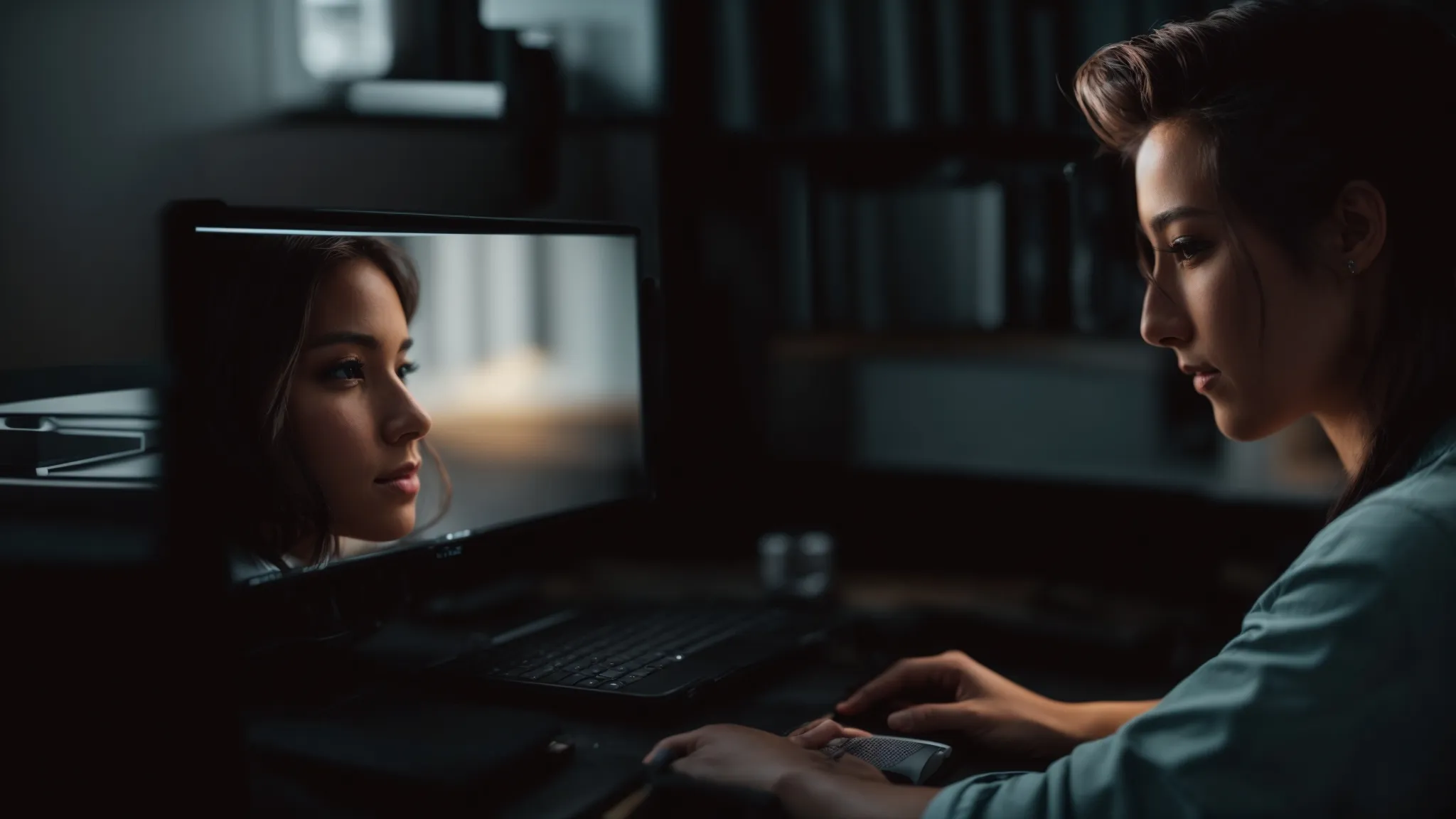 a professional photographer meticulously edits a portrait on their computer, enhancing the subject's skin and eyes while adjusting light and shadows.