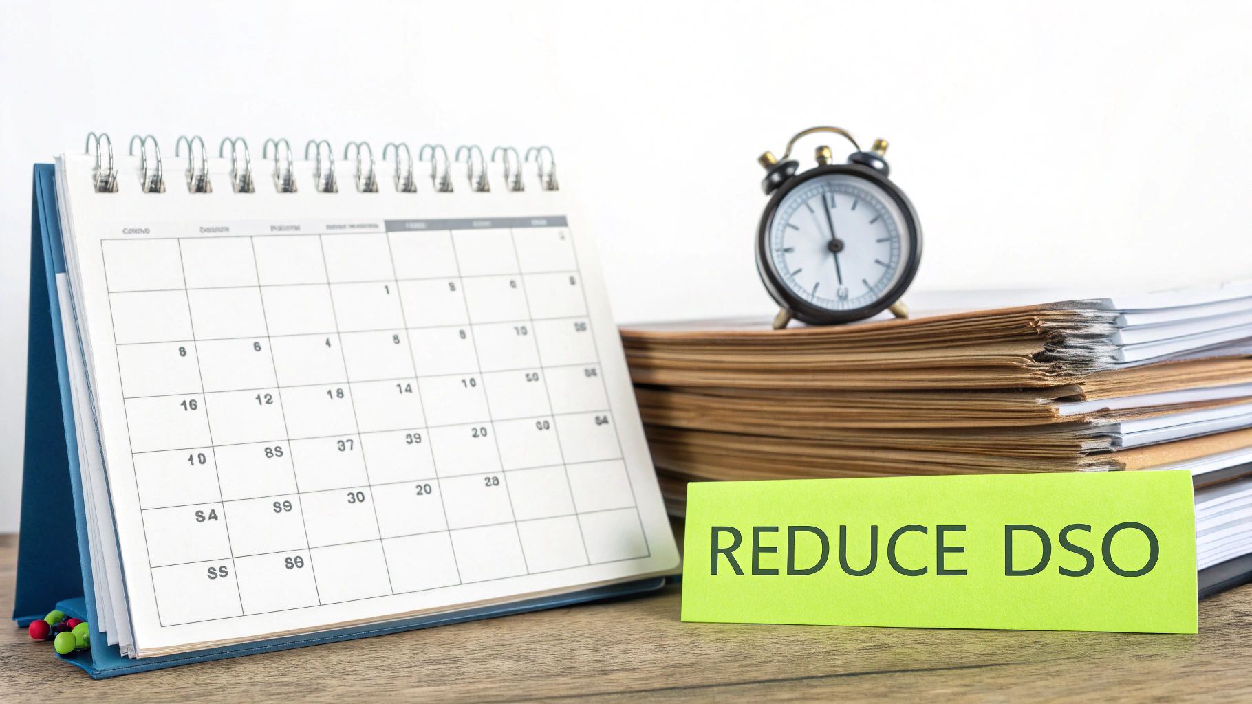 A desk calendar, stack of documents, alarm clock, and a sign 'REDUCE DSO' on a wooden table.