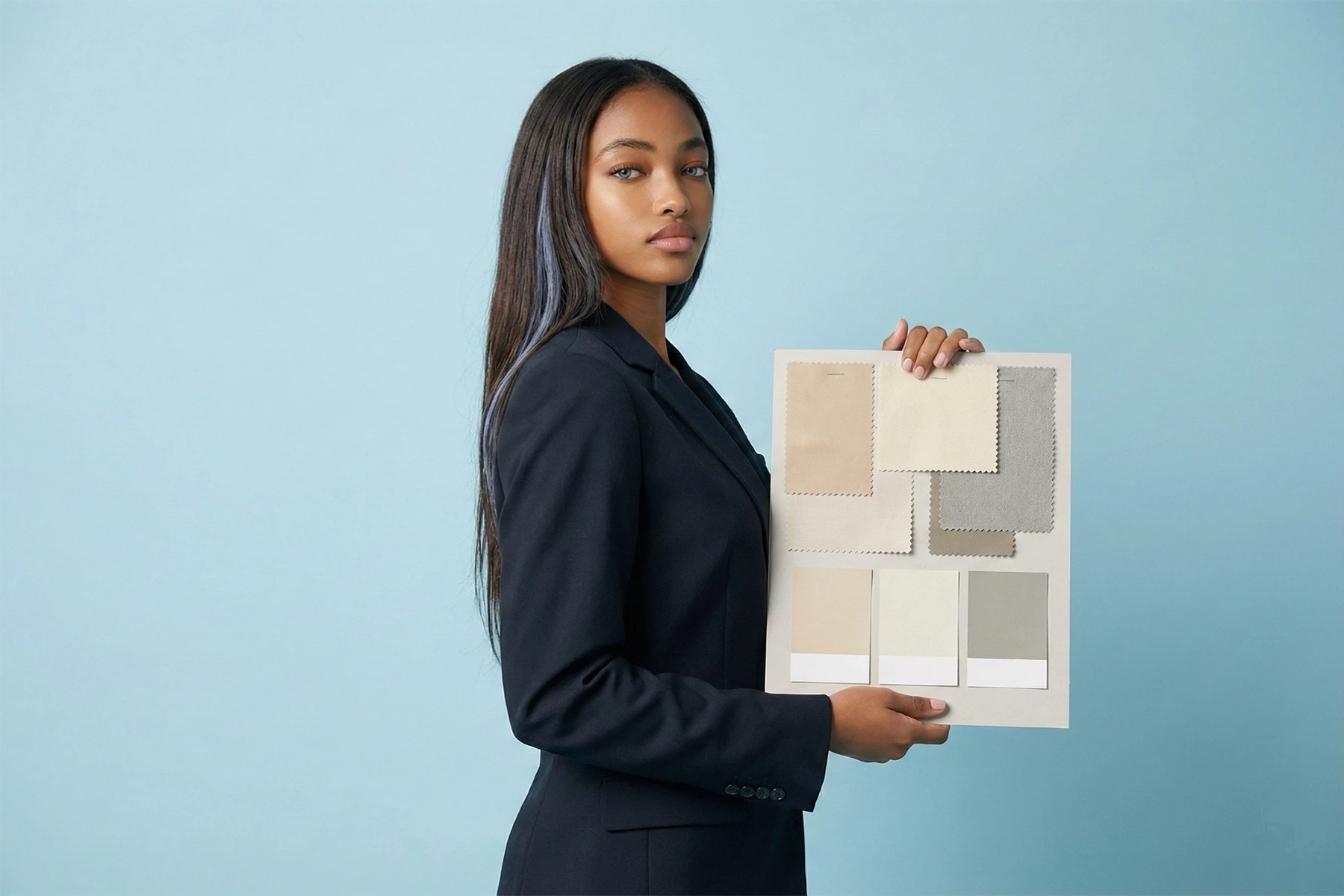 Designerin präsentiert ein konsistentes Corporate-Design-System mit Farb- und Materialmustern – strategisches Corporate Design für Unternehmen in Köln und Bergisch Gladbach.