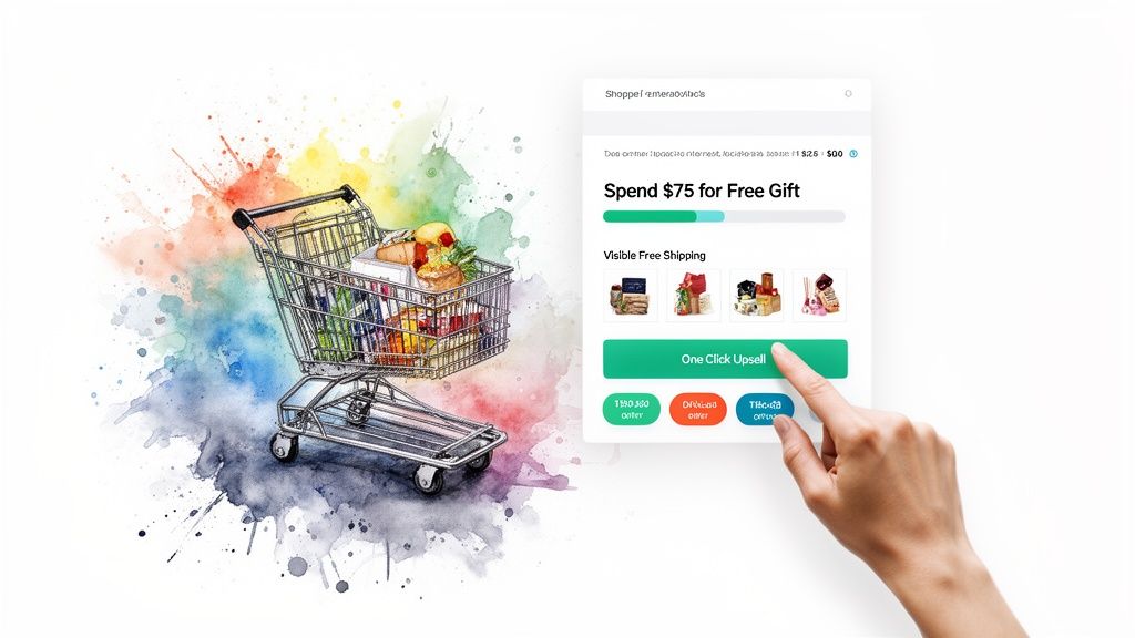 E-commerce growth strategy interface with a shopping cart, showing upsell offers and free gift progress.