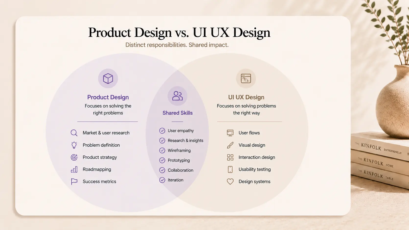 A Venn diagram illustrating the distinct responsibilities and overlapping shared skills between Product Design and UI UX Design.